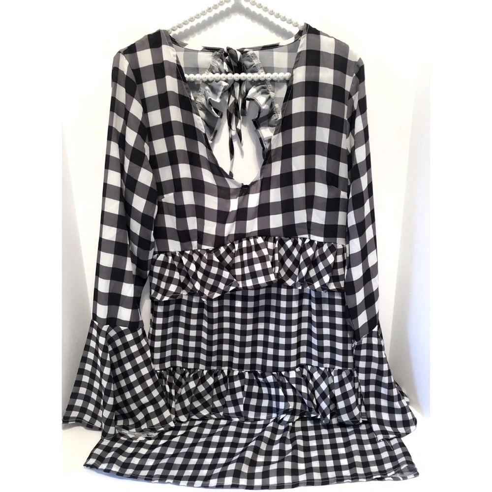 NWT Ruffle Gingham Cut Out Back Dress - Picture 1 of 8